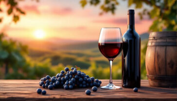 A professional studio photography shot of a Tempranillo wine scene: a sleek glass of deep red wine with ruby highlights, resting on a rustic wooden table beside a cluster of dark, ripe grapes and a weathered oak barrel. Soft, dramatic lighting casts gentle shadows, highlighting the wine’s clarity and texture. In the blurred background, rolling Spanish vineyards stretch under a golden sunset, with earthy tones of green and brown. High-resolution, cinematic depth of field, vibrant yet natural colors, 8K detail, styled like a premium wine magazine cover.