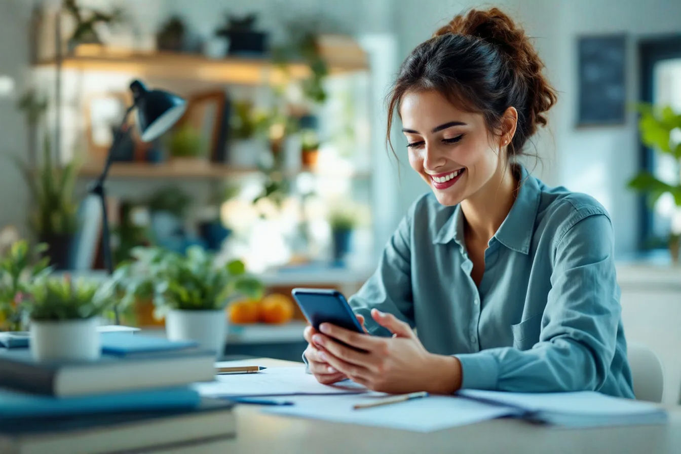 Professional portrait photograph of a teacher using a smartphone for learning, sitting at a desk with educational materials, soft natural lighting, shallow depth of field, high-quality DSLR photography, professional color grading, high resolution, professional lifestyle photography, inspirational education scene, subtle blue and green tones, 35mm lens, f/2.8 aperture