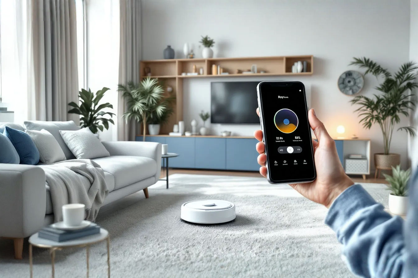 A person using a smartphone with voice assistant interface to control a robot vacuum cleaning different zones in a modern smart home.