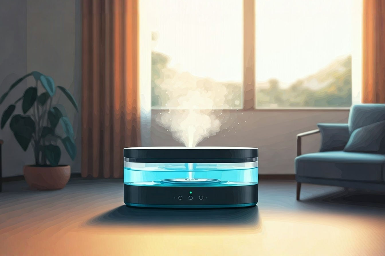 A sleek, modern air washing system with a transparent water reservoir showing the internal disc mechanism in operation. Visible mist rises from the unit into a living room setting with soft, natural lighting highlighting the water droplets in the air. The image should convey both technological sophistication and natural freshness.