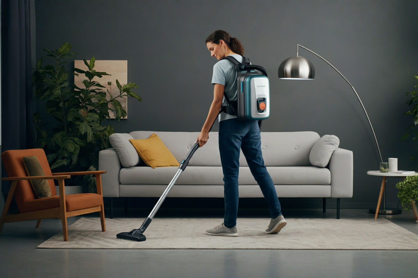 A professional-quality photograph showing a person comfortably wearing a modern backpack vacuum while effortlessly cleaning a stylish living room. The image should capture the freedom of movement as they vacuum around furniture with the cleaning wand extended, demonstrating the improved reach and mobility. The backpack vacuum should appear sleek and lightweight, with soft natural lighting highlighting both the equipment and the clean living space to convey efficiency and modern home care.
