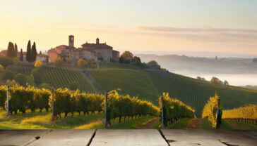 a professional photograph of the Barolo wine region in Piedmont, Italy, capturing rolling vineyard-covered hills at sunset with golden light illuminating rows of Nebbiolo vines. In the distance, a small medieval hilltop village with stone buildings and a church tower. The warm autumn light creates long shadows across the landscape, with some early morning fog lingering in the valley below. Includes a few old gnarly vine trunks in the foreground to add depth and texture. The image evokes the sense of tradition, terroir, and timeless beauty that defines this prestigious Italian wine region.