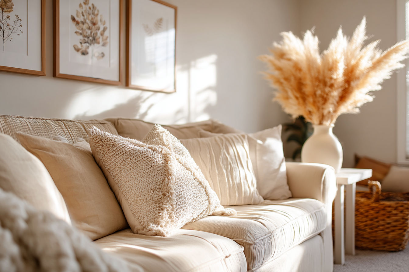 a bright, airy living room corner featuring an elegant arrangement of affordable home decor items. Includes a neutral sofa with textured throw pillows, a simple side table with a ceramic vase holding dried pampas grass, a woven basket, and framed botanical prints on the wall. Uses natural lighting with soft shadows and a warm, inviting atmosphere in professional interior photography style.