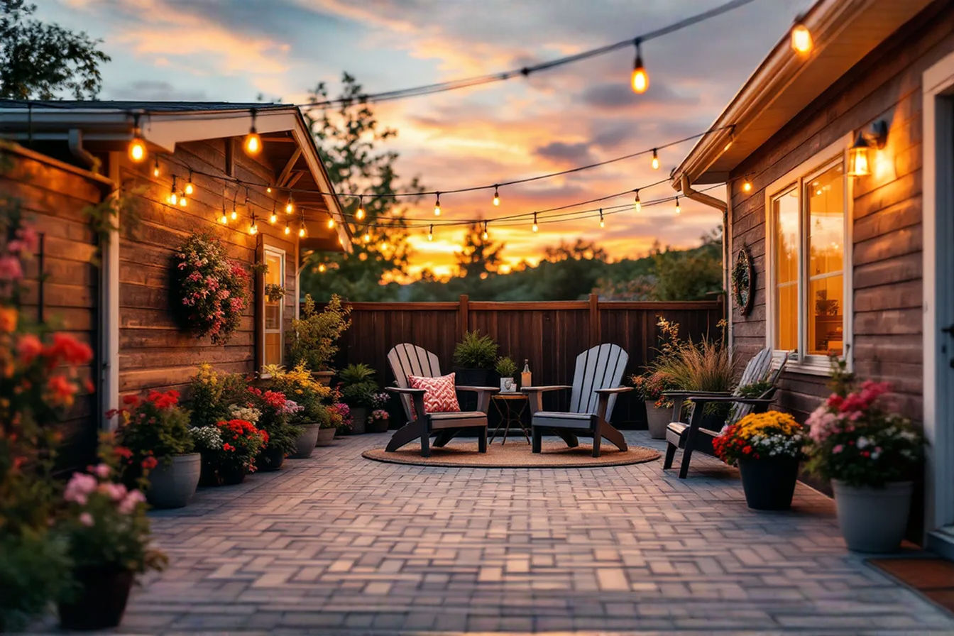 Professional photography of a newly completed DIY patio at sunset, warm ambient string lights overhead, adirondack chairs, potted plants with flowers, textured pavers, aperture f/2.8, depth of field, golden hour lighting, vibrant colors, magazine quality, home and garden aesthetic, 8K, ultra-detailed, award-winning photography