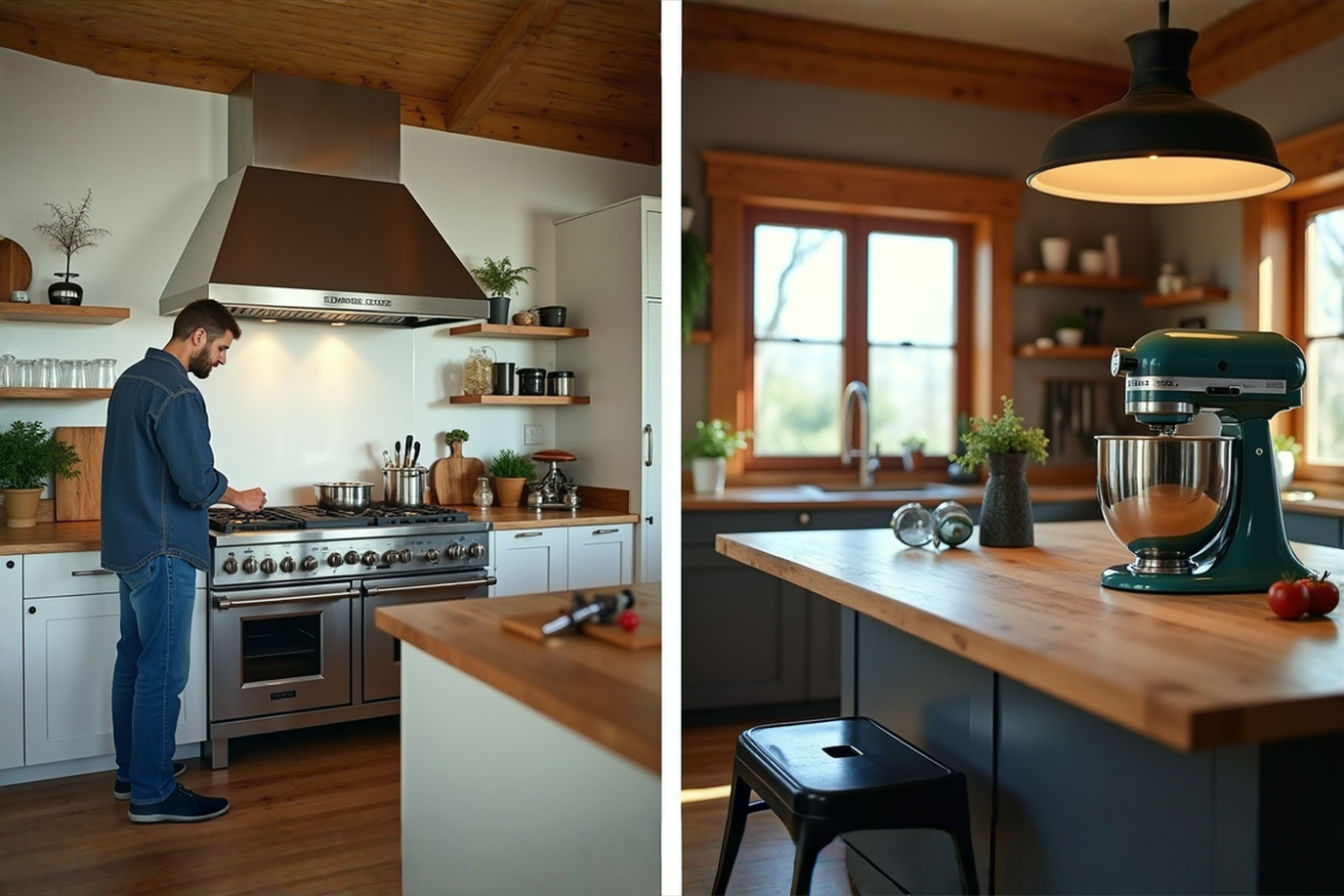 A split-frame professional photograph showing a modern home kitchen on one side with commercial-grade appliances (professional range, hood, and stand mixer) being used by a homeowner, and on the other side, a well-organized home workshop with commercial-grade power tools. The lighting should be bright and natural, emphasizing the quality and robustness of the equipment while showing it integrated into a residential setting.