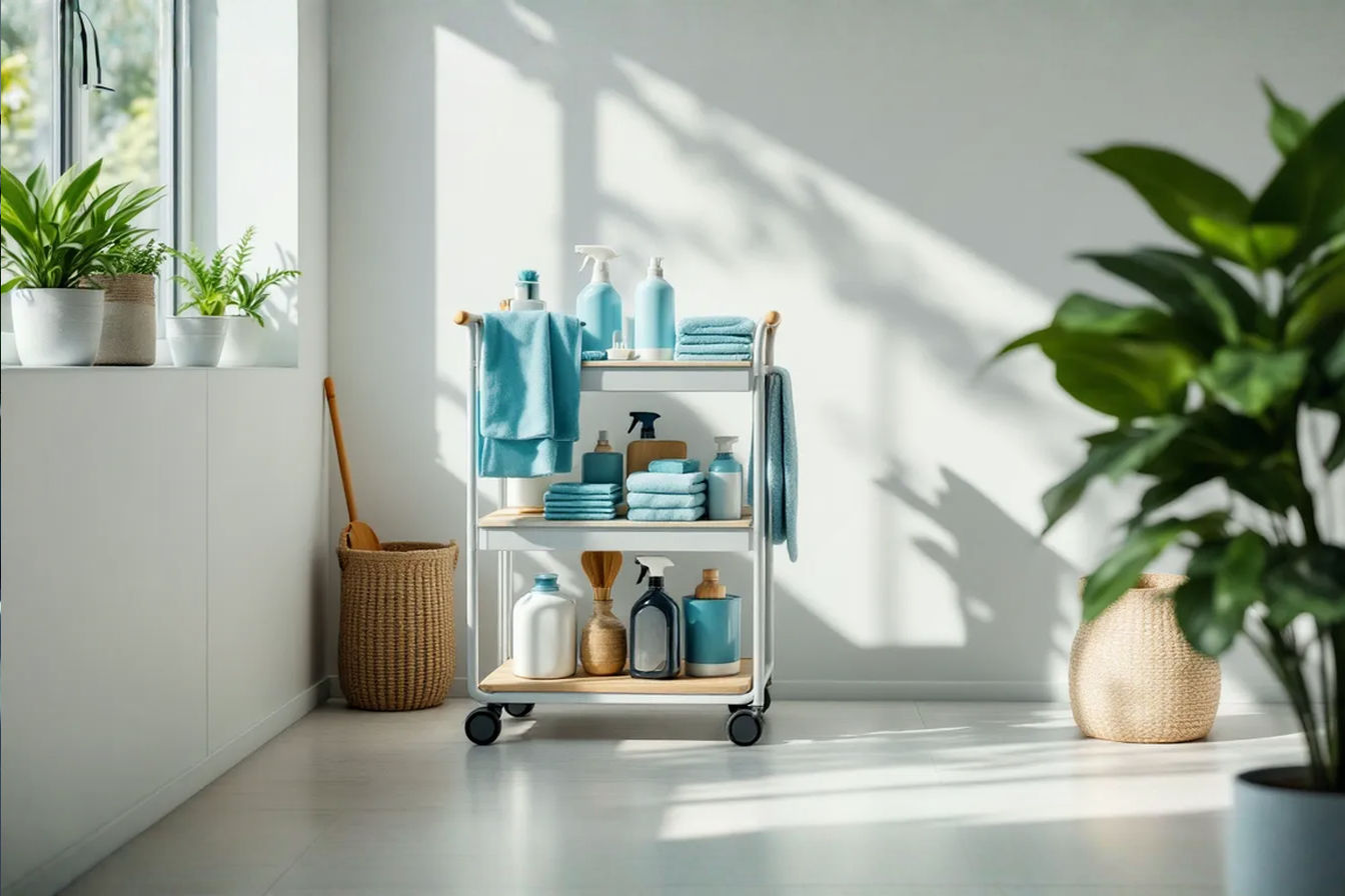 A professionally styled photograph showing a modern, well-organized home cleaning cart positioned in a bright, clean kitchen setting. The cart features multiple tiers with neatly arranged cleaning supplies, spray bottles, microfiber cloths, and essential tools. All items are color-coordinated in calming blues and white, with natural wood accents. The cart has smooth-rolling wheels and an ergonomic handle. Soft natural lighting streams in from a nearby window, creating a fresh, inviting atmosphere that makes cleaning look appealing and efficient.
