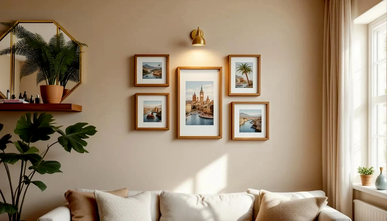 A beautifully styled interior shot of a cozy and well-lit living room. On a tasteful accent wall, a collection of three related shadow boxes is hung in a gallery-style arrangement, centered at eye-level. The main shadow box, featuring travel memorabilia, is illuminated by a small, elegant brass picture light from above, creating soft highlights and emphasizing its three-dimensional quality while avoiding glare. The room is filled with soft, indirect natural light from a window that is out of frame, hinting at a placement away from direct sun. The overall scene feels warm, personal, and proudly displayed.
