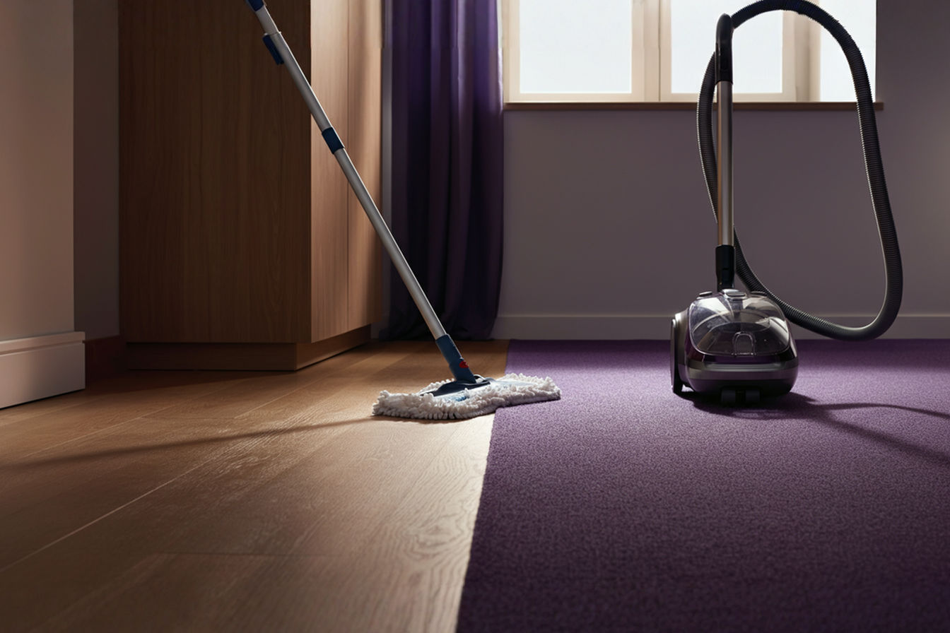 A professional photograph showing a well-lit modern home interior with mixed flooring surfaces (hardwood transitioning to carpet). The image should feature high-quality cleaning tools - a microfiber dust mop next to a premium vacuum cleaner - positioned side by side on the floor junction, with natural light streaming through windows highlighting the clean, gleaming floor surfaces. The composition should communicate organization and systematic care, with the tools appearing as complementary parts of a unified system rather than separate implements.