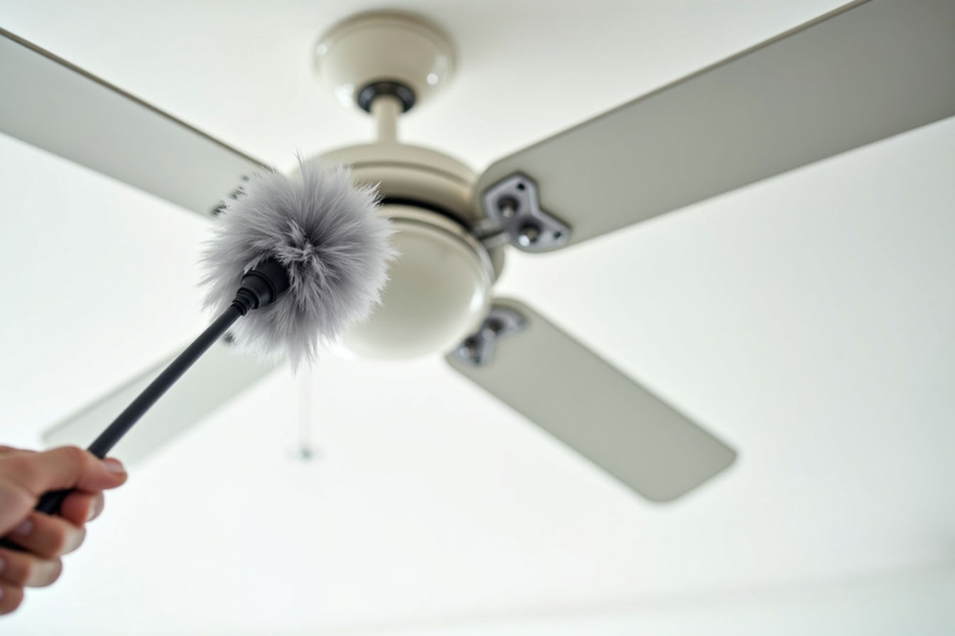A professional photograph showing a person using an extendable electrostatic duster to clean stationary ceiling fan blades.