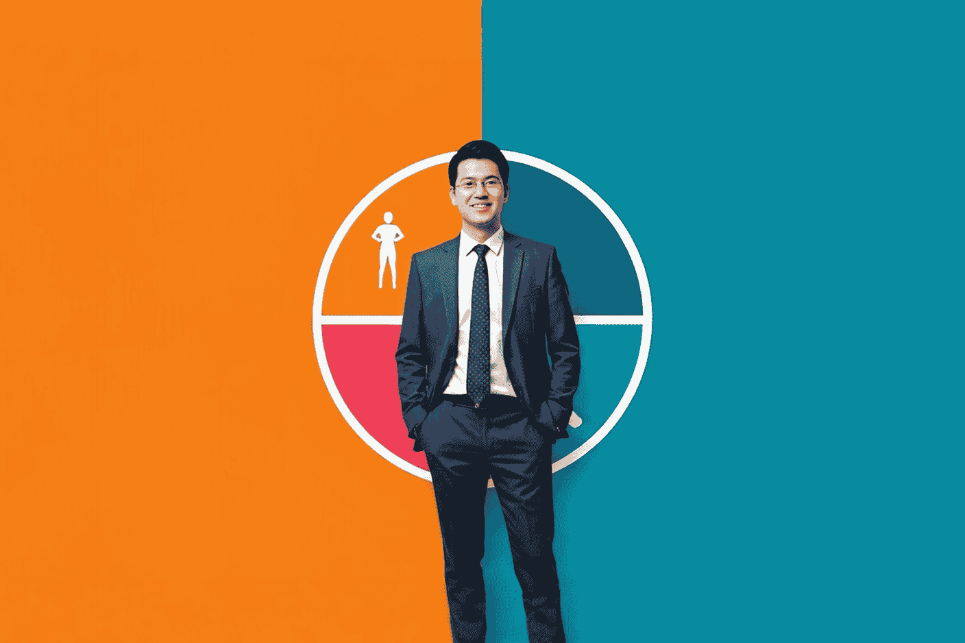 Professional photography of a person in business attire standing confidently at the center of four distinct quadrants, each representing one of the energy dimensions. The physical quadrant shows movement/exercise, the emotional quadrant displays positive connection, the mental quadrant shows focused work, and the spiritual quadrant represents purpose/meaning. Uses vibrant but professional colors, clean lines, and balanced composition with soft natural lighting. The overall mood conveys vitality, balance, and sustainable high performance.