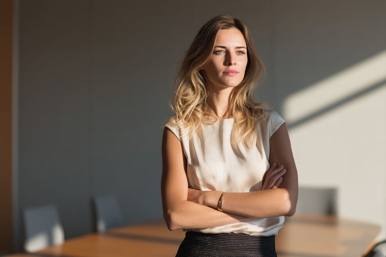 A professional woman standing confidently at the front of a boardroom, with a subtle visual transition showing her former uncertain self as a shadow behind her, in professional photography style with soft natural lighting.