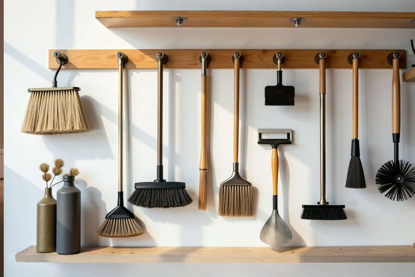 A well-lit, organized workshop wall featuring various cleaning tools arranged in an aesthetically pleasing pattern against a wooden French cleat system with custom holders, demonstrating both functionality and attractive design.