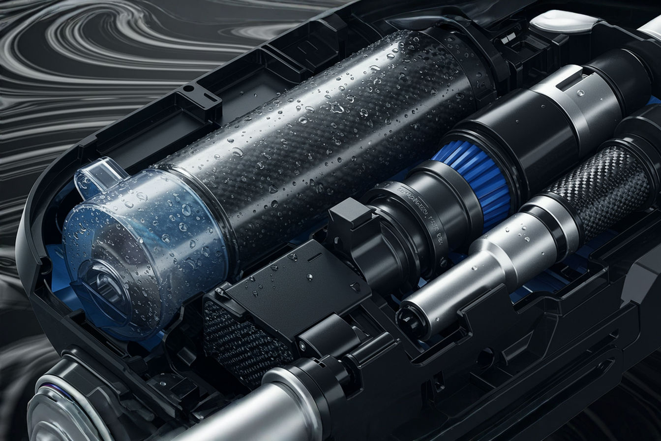 Close-up macro photography of a vacuum cleaner's internal components showcasing advanced materials: a self-healing polymer housing with a subtle iridescent sheen, carbon composite structural elements in matte black, and metal components with diamond-like carbon coating catching the light. The image should have dramatic studio lighting with blue accents highlighting the cutting-edge materials against a clean white background.