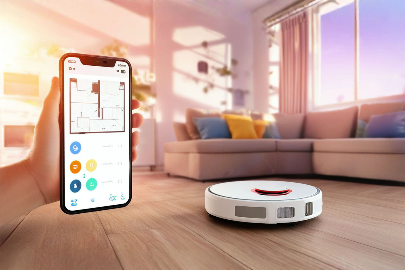 A professional photograph showing a modern, minimalist living room with a sleek robotic vacuum cleaner in the foreground. The room features subtle motion sensors mounted on the walls, with soft natural lighting streaming through large windows. A smartphone screen visible in the corner displays a floor plan with color-coded zones indicating occupancy status. The image should convey a clean, technology-enhanced home environment where cleaning happens seamlessly without human intervention.