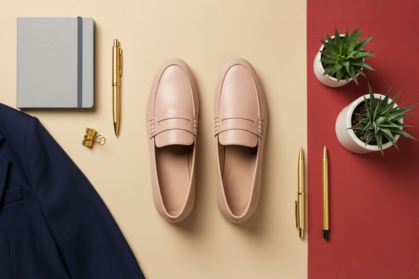A high-quality overhead flat lay image showing a pair of blush pink leather penny loafers positioned centrally on a neutral beige background. The loafers should be photographed from slightly above to show their distinctive penny slot detail and elegant silhouette. Surrounding the shoes, arranged in a tasteful, minimal composition, are professional wardrobe elements in complementary colors: a corner of a navy blazer, the edge of a gray notebook, a gold pen, and a small succulent plant in a white pot to add an element of freshness. The lighting should be bright and airy with soft shadows, creating a clean, professional aesthetic with subtle warmth. The overall impression should be sophisticated, aspirational and professional.