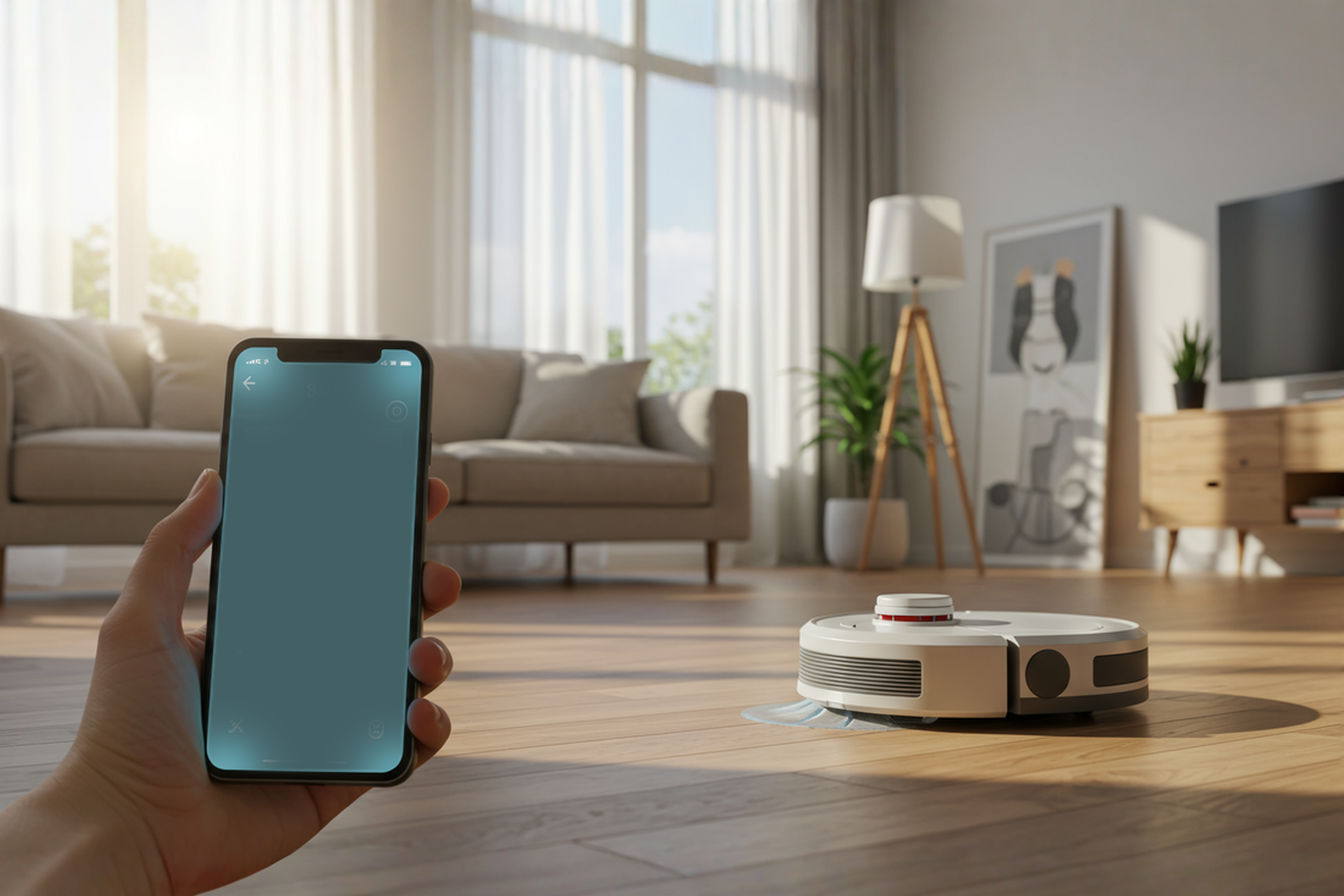 A modern smart robot vacuum cleaning a stylish living room while a smartphone displays the cleaning schedule app in the foreground. Soft natural lighting streams through windows, highlighting the clean floors and contemporary smart home setting with minimal visual clutter.