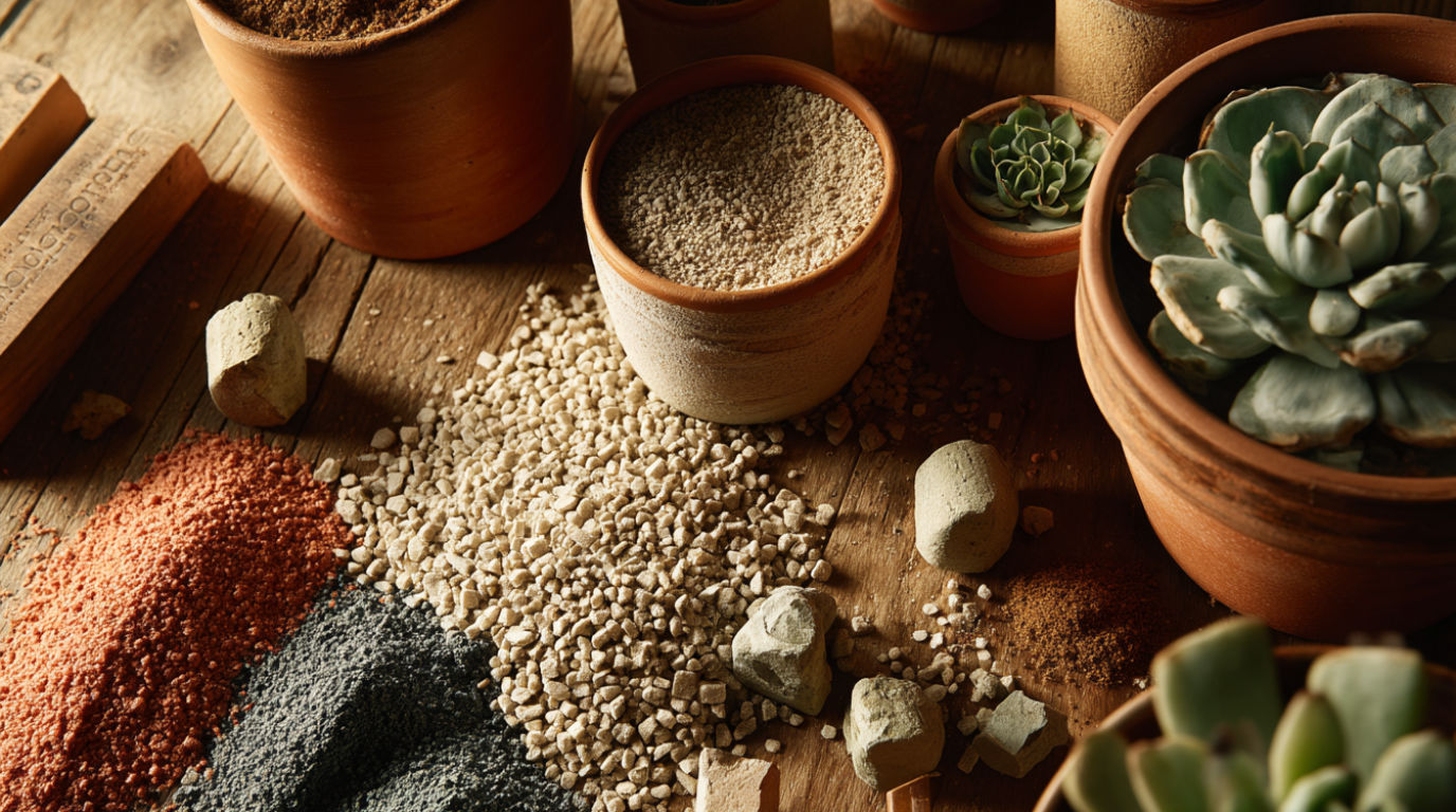 Professional overhead photography of succulent potting materials, artfully arranged with terracotta pots, chunky soil mix components separated showing perlite, coarse sand, and cactus soil, small succulents awaiting planting, natural wood surface, soft directional lighting, neutral earth tones, crisp details, 50mm lens, f/2.8, high-resolution product photography