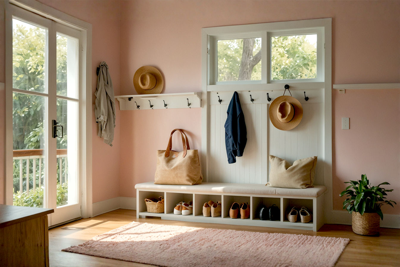 Professional photograph of a well-designed mudroom entrance showing a three-zone defense system with an outdoor mat visible through an open door, a transition bench with shoe storage, and organized hooks for coats. Natural light streams in through a window, highlighting the clean, organized space with various debris management elements in place.