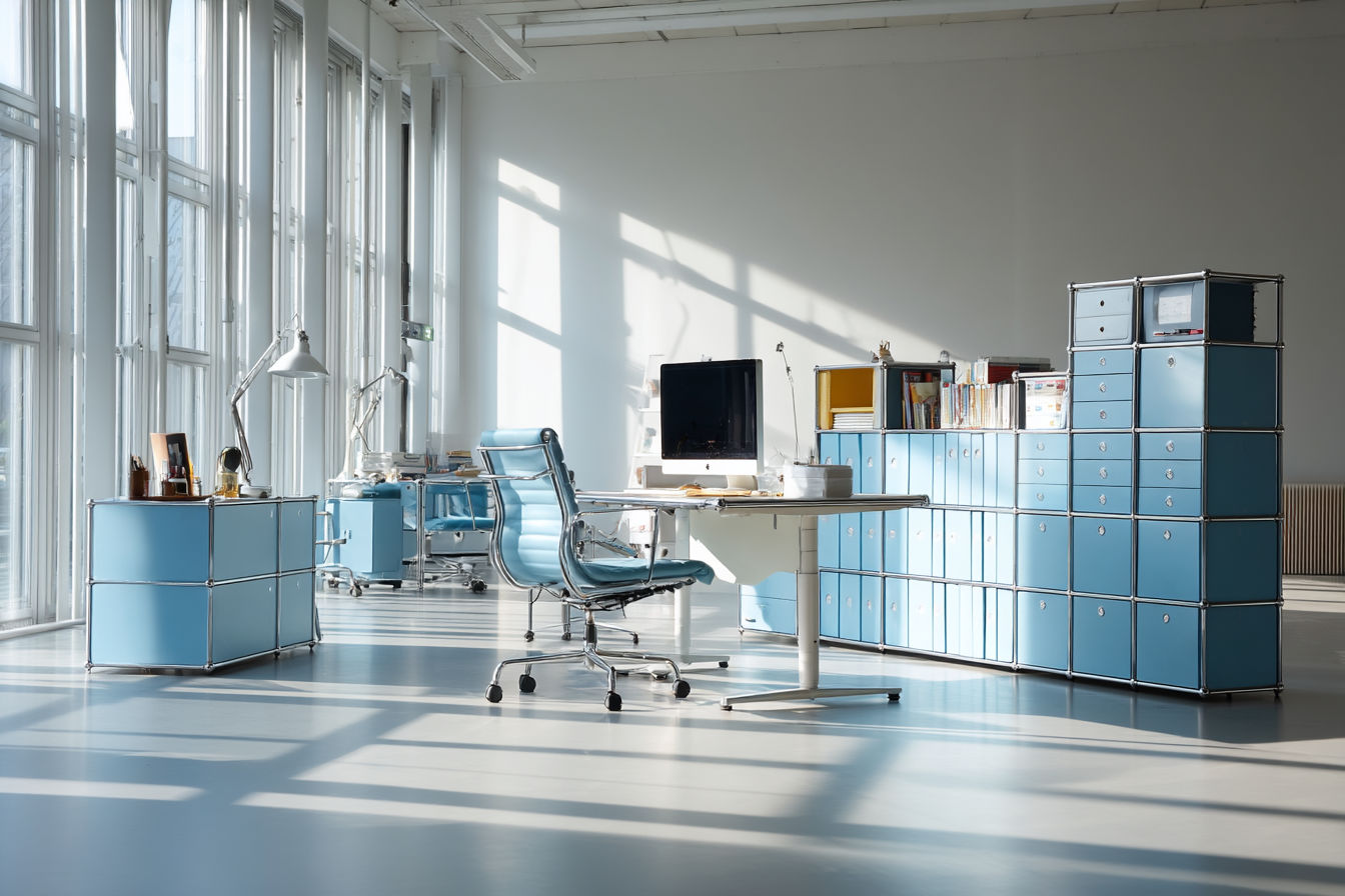 a professional photograph of a modern, minimalist office workspace featuring USM Haller modular furniture in pure white and gentian blue. The space should showcase an ergonomic workstation with a height-adjustable desk, monitor arm, and modular storage unit with cable management. Natural light should fill the space, creating clean shadows that highlight the distinctive ball joints and geometric lines of the USM Haller system. The composition should feel spacious, sophisticated and aspirational, with no people visible, shot in a photorealistic style with professional lighting.