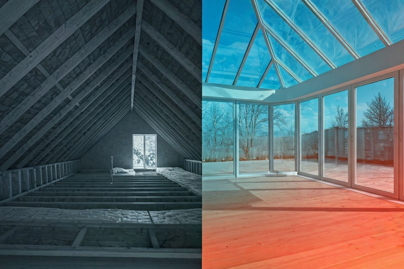 A split-image showing a cross-section of an attic with visible vacuum insulation panels installed between rafters on the left side, and a modern sunroom with large glass panels and discreet vacuum insulation visible in the floor and non-glass wall sections on the right. The image should have thermal gradient overlays showing temperature differences, with a color scale ranging from blue (cold) to red (hot), demonstrating how the vacuum insulation creates a thermal barrier. Professional architectural photography style with natural lighting emphasizing the clean, technical aesthetic of the vacuum panels.