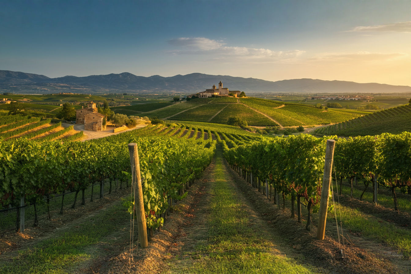 Professional photograph of Spanish vineyard landscapes at sunset, showing rolling hills with organized vineyard rows in warm golden light. Includes traditional stone buildings in the distance and mountains on the horizon. Rich in color with natural lighting that highlights the texture of the vines and the distinctive Spanish terrain.