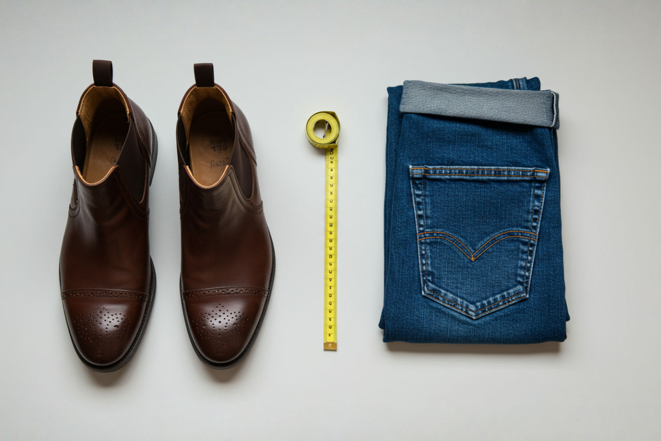 A professional flat-lay composition featuring a pair of premium chocolate brown leather Chelsea boots positioned at the bottom of the frame, with neatly folded raw denim jeans artfully cuffed to show the perfect golden ratio proportion. The jeans are cuffed precisely to demonstrate the ideal height relative to the boot shaft. A small measuring tape is subtly placed nearby, suggesting precision and intention.
