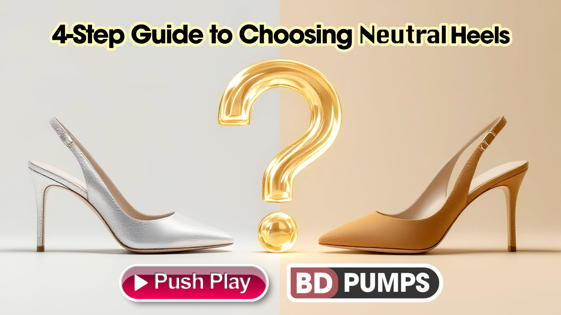 A dramatic and clean split-screen image designed to pose a question. Left Half: A beautiful, elegant skin-tone matching slingback heel is featured against a cool-toned, light grey background. Right Half: An identical slingback heel, but in a rich caramel tan color, is featured against a warm-toned, soft beige background. Center: A large, slightly transparent, and stylishly designed question mark ? is overlaid directly in the middle, bridging the two halves. The composition is perfectly balanced and poses a clear visual choice to the viewer. Character/Subject: The focus is entirely on the two shoes and the central question mark. No people are in the shot. Emotion/Mood: Decisive, questioning, informative, and definitive. It should feel like the "final showdown." Palette: A split palette. Cool, clean greys and silvers on the left; warm, earthy beiges and golds on the right. The two shoe colors are the heroes. Visual Style: High-end, graphic-style product photography. Very sharp, clean lines. It should look like a title card for a style debate or a definitive guide. The lighting on each side should match the mood (cooler on the left, warmer on the right).