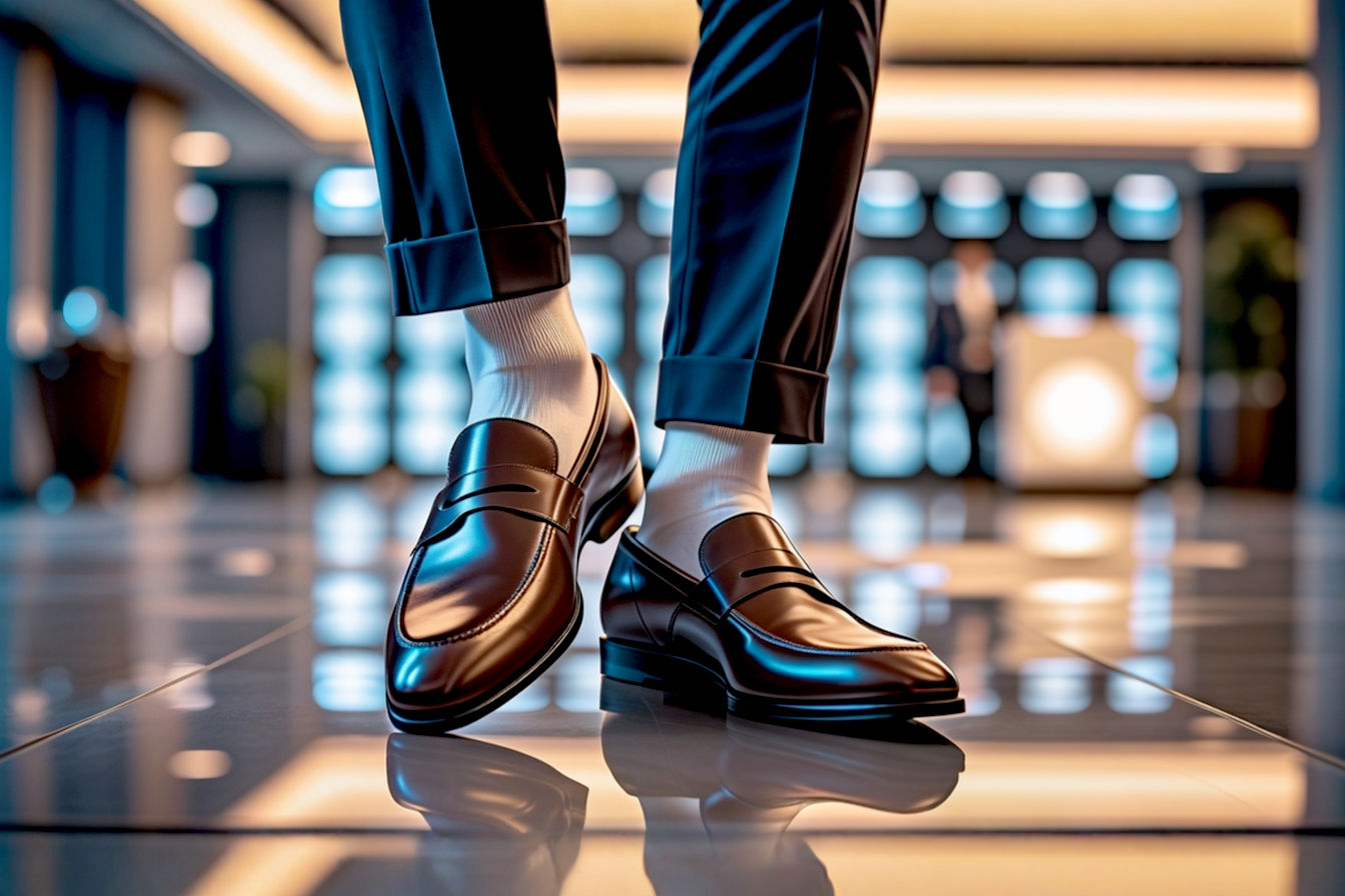 Lifelike professional photography of a stylish man impeccably dressed in modern formal attire, featuring polished leather loafers. The image should highlight the shoes and subtle accessories like a classic watch, a coordinated belt, and elegant socks (if visible, perfectly styled). The background should be a blurred, sophisticated setting like a modern office lobby or an upscale event space, emphasizing refinement and attention to detail. Soft, warm lighting. High resolution.