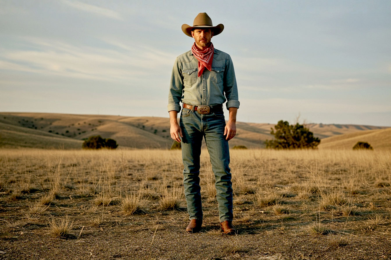 High-quality, lifelike professional photography of a modern cowboy in a classic, authentic western fashion style. The cowboy is standing in a vast, open landscape with rolling hills and a clear sky, perhaps near a ranch or a lone tree. He is wearing a well-worn, perfectly shaped felt cowboy hat, a durable long-sleeved Western shirt, faded but sturdy denim jeans that fit over classic cowboy boots, a simple leather belt with an understated buckle, and a traditional bandana tied around his neck. His posture is confident and rugged, with a sense of quiet strength. The image should capture the textures of the worn leather, the sturdy denim, and the felt hat. Lighting should be natural, golden hour, emphasizing depth and authenticity. The overall feel is timeless, respectful, and genuine, capturing the essence of the American West. Realistic photo, shot on professional camera, deep focus, natural lighting, cinematic.