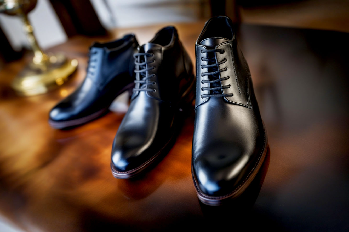 A high-quality, professional photography style image. The central element is a pair of impeccably styled black leather Derby boots, with a focus on their sleek design. The background is a blurred, dynamic collage or gradient representing the transition from a formal, polished office environment (perhaps a hint of a tailored suit leg or a polished desk) on one side, subtly blending into a more relaxed, urban, or natural off-duty setting (perhaps a hint of rugged denim, a brick wall, or subtle outdoor elements) on the other. Lighting is soft and natural, emphasizing the texture of the leather and the versatility of the boots. There's a sense of movement and adaptability, without a human model present.