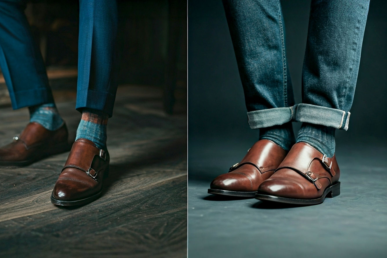 Professional, high-resolution lifestyle photography of a stylish man's lower body, showcasing polished dark brown double monk strap shoes with silver buckles. One shot shows the shoes paired with a navy tailored suit and subtle patterned socks in a formal setting (e.g., office, meeting room). Another shot captures the same shoes worn with dark wash, slim-fit jeans and a casually cuffed hem, paired with a textured blazer in a smart casual, urban setting (e.g., coffee shop, city street). The lighting is soft and natural, emphasizing the rich texture of the leather and the shine of the buckles. The background should be slightly blurred to keep focus on the shoes and clothing, creating a sophisticated and aspirational feel. The man's posture is confident and relaxed. Photorealistic, cinematic.