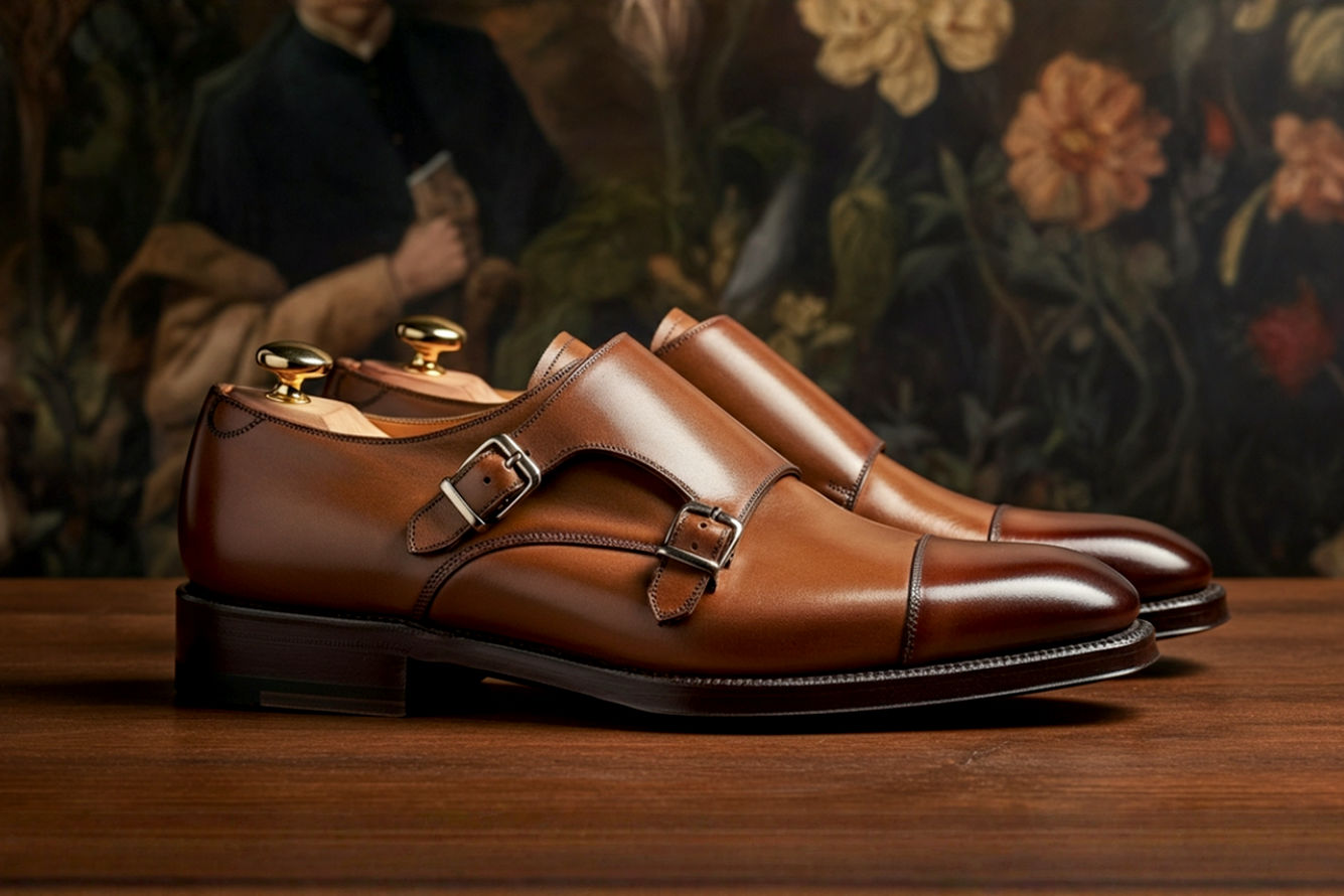 A high-resolution, lifelike professional photography style image showing a pair of exquisitely crafted brown leather double monk strap shoes prominently displayed on a wooden surface, perhaps with a subtle, blurred background of a well-dressed man or a sophisticated interior. The lighting should highlight the rich texture and shine of the leather, emphasizing elegance and timeless style. The shoes should look inviting and luxurious, with attention to detail on the buckles and stitching.