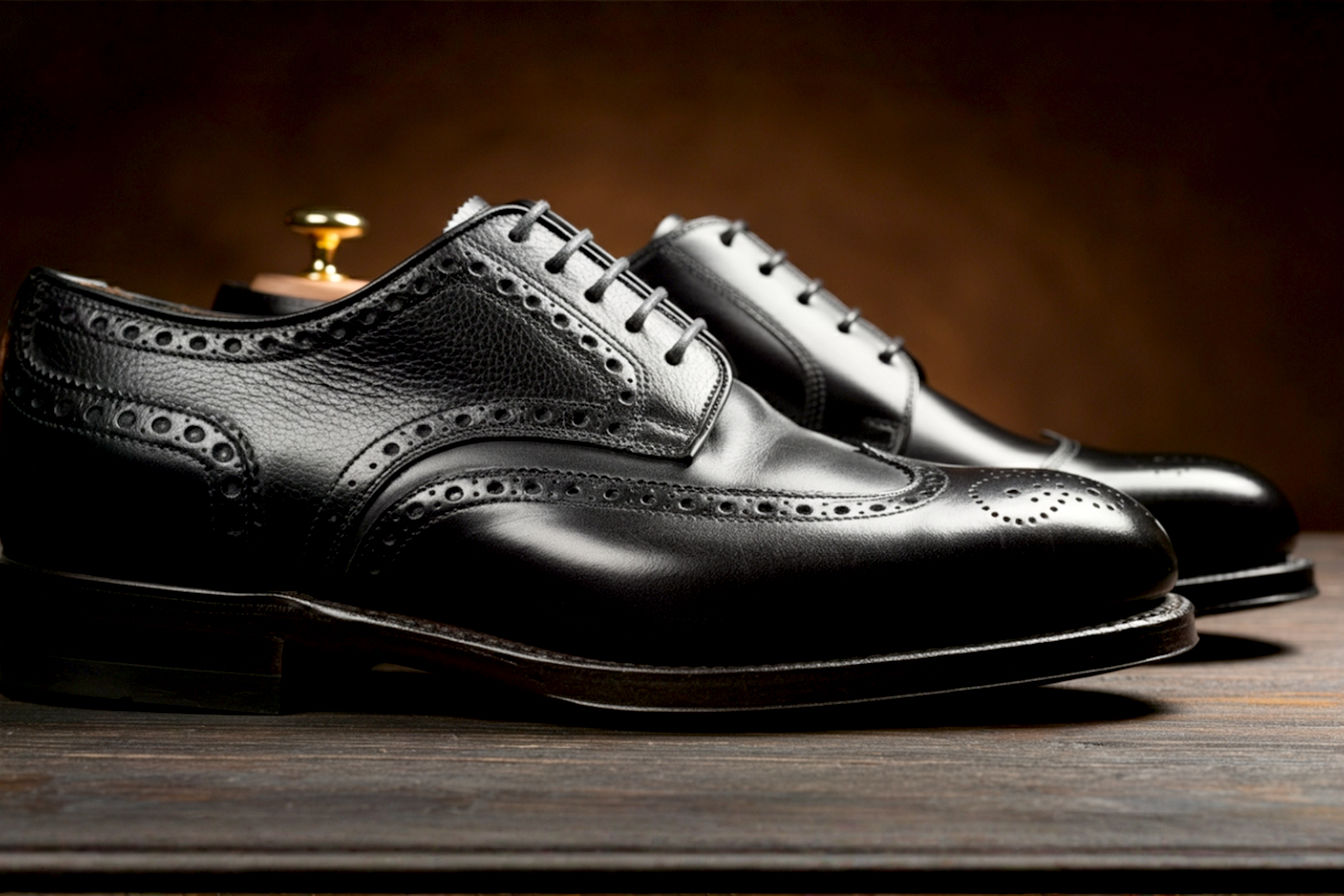A highly detailed, professional product photograph showcasing a direct comparison of two classic black leather wingtip brogues. One shoe, made of full-grain leather, is on the left; it has a rich, oily sheen, visible natural grain texture, and a slight, distinguished patina developing. The other shoe, on the right, is made of top-grain leather; it has a perfectly smooth, uniform, slightly glossier finish with no visible pores or imperfections. The shoes are angled towards each other on a dark, rustic wooden surface. The lighting is dramatic and warm, coming from the side to highlight the unique textures of both leathers. The background is softly out of focus. The overall mood is sophisticated, luxurious, and educational. Shot with a DSLR camera, macro lens, cinematic quality.
