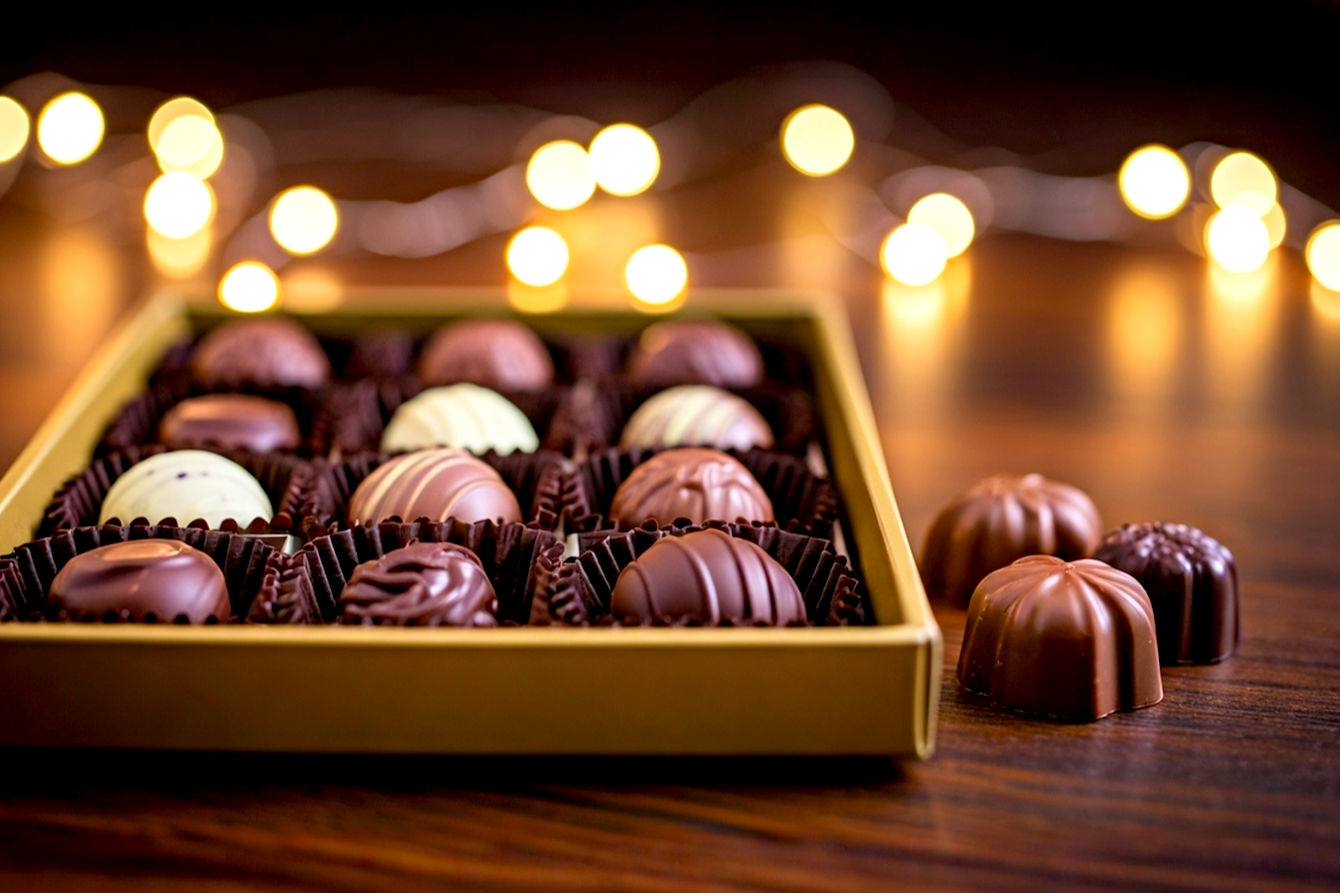 Lifelike pro photography style, soft focus background, elegant arrangement of assorted gourmet chocolates in a luxurious, festive Christmas gift box on a rich dark wooden table. Include some delicate gold ribbon and subtle, warm fairy lights in the blurred background. The chocolates should have a glossy sheen, with some truffles dusted in cocoa, and some bonbons showing intricate patterns. Low depth of field, warm lighting, cozy Christmas atmosphere. High resolution, professional studio shot.