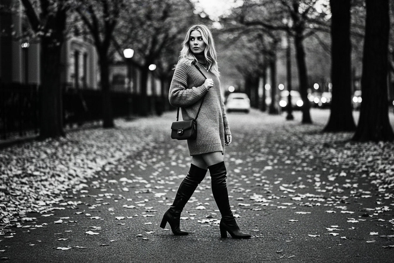 A stylish woman with a confident posture is walking in a city street during autumn. She is wearing a cozy, mid-thigh length knit jumper dress in a neutral tone (e.g., charcoal grey or camel) and sleek, well-fitted black leather knee-high boots with a block heel. She has a minimalist crossbody bag and is perhaps wearing a delicate necklace. The lighting is soft and natural, emphasizing the textures of her outfit. Professional street style photography, candid, full body shot, blurred city background with autumn leaves, soft focus, high fashion editorial quality.