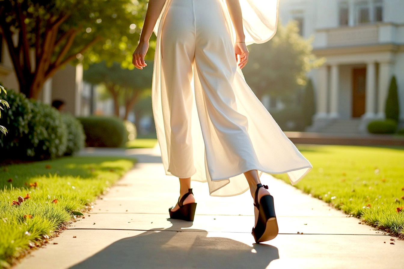 Create a hyper-realistic, pro-photography style image of a stylish woman from the waist down, walking on a chic, sun-drenched city sidewalk. She is wearing fashionable, wide-leg white linen trousers that flow elegantly around her ankles, revealing a pair of stylish black wedge sandals. The focus should be on the interaction between the flowing fabric of the pants and the detailed texture of the black wedges. The lighting should be bright and warm, casting soft shadows, and the overall mood should be effortlessly sophisticated and perfect for a summer style article. The composition should be dynamic, capturing a moment of movement.
