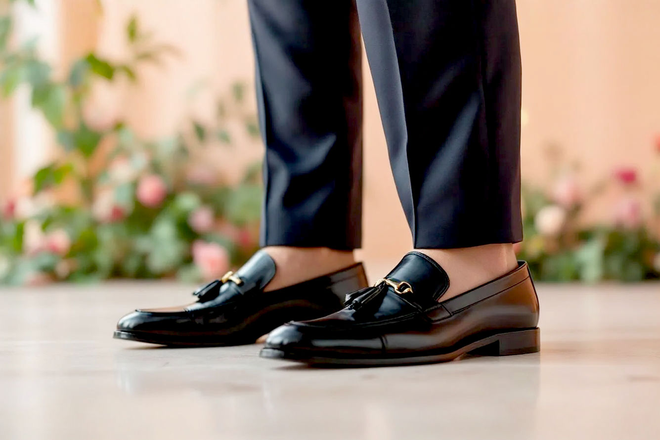 A high-resolution, lifelike professional photograph of a stylish man's lower half (from mid-thigh down), wearing a sharp, well-tailored dark navy or charcoal suit with perfectly tailored trousers (slight or no break). He is wearing a pair of impeccably polished black leather tassel loafers or horsebit loafers. The setting is subtly indicative of a wedding, perhaps with blurred greenery in the background or a hint of a grand hall floor. The lighting is soft and flattering, highlighting the texture of the suit and the sheen of the shoes. The overall mood is sophisticated and confident. Focus on the interplay between the suit fabric, trouser length, and the elegant loafer, emphasizing the clean lines and refined aesthetic. No faces visible.
