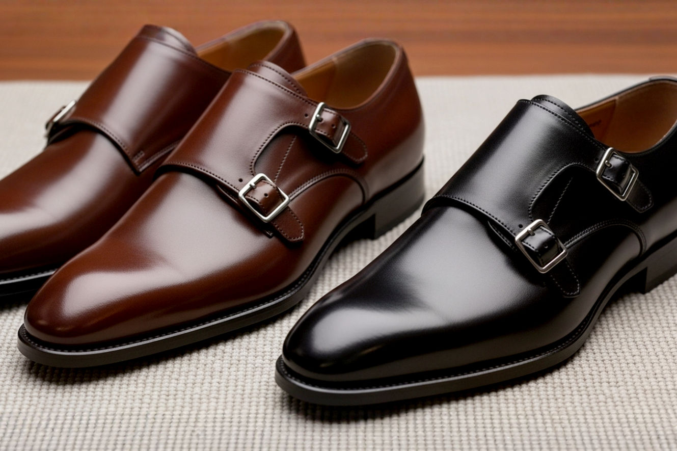 High-quality, lifelike professional photography of two distinct pairs of men's double monk strap shoes, one in a rich, dark brown polished leather and the other in sleek, polished black leather. The shoes should be placed on a sophisticated, neutral background, perhaps a dark wooden surface or a soft, subtle textured rug, with elegant lighting that highlights the leather's sheen and the buckle details. The composition should clearly show both pairs side-by-side or artfully arranged, emphasizing their contrasting colors and inherent elegance. Focus on a clear, sharp image with shallow depth of field to make the shoes pop.