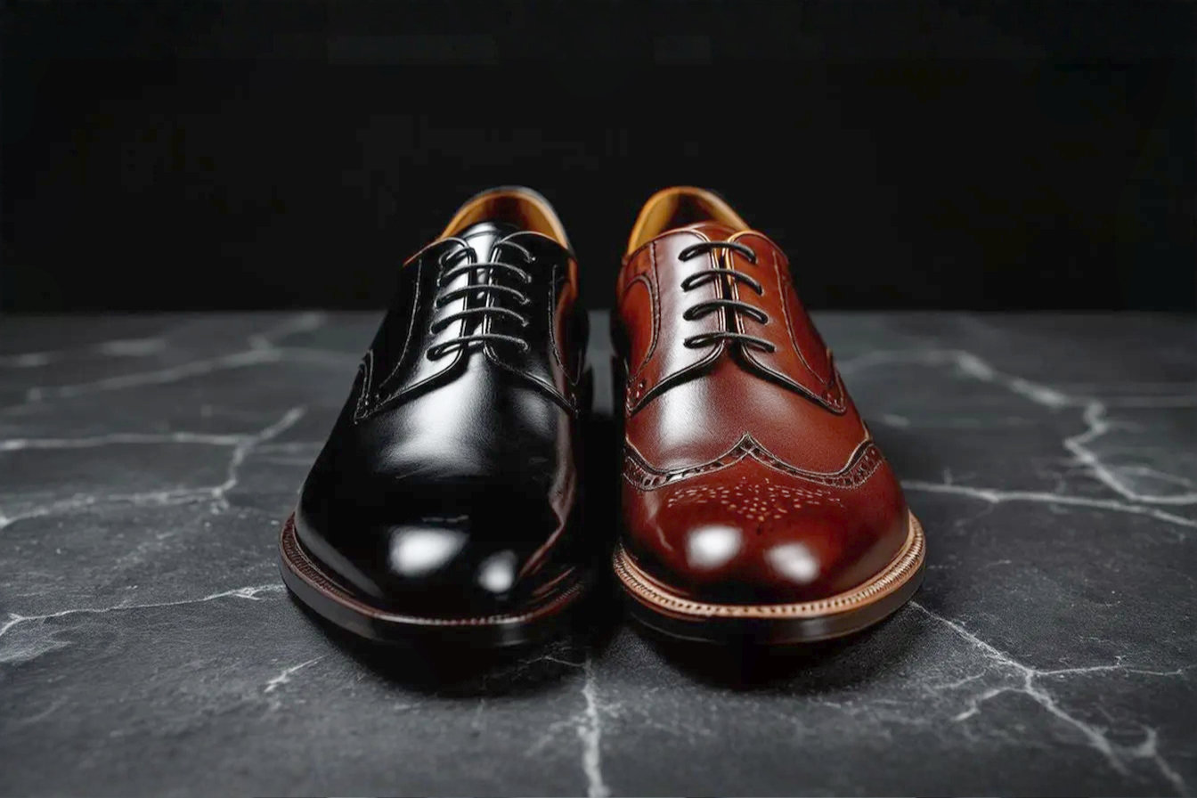 Oxfords vs. Brogues split screen product photography, magazine photo-shot style, studio lighting, charcoal background