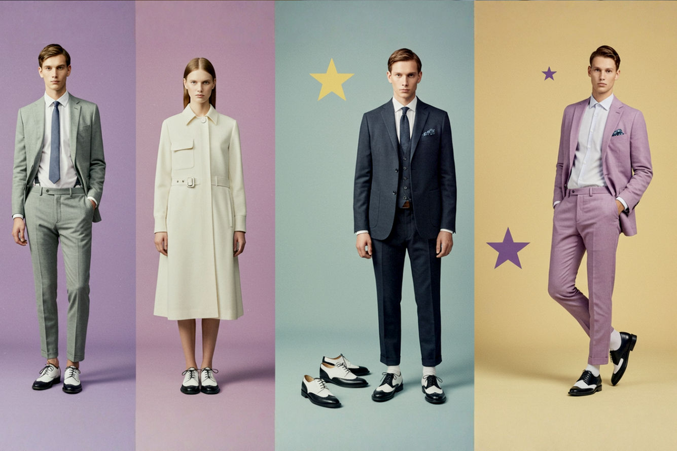 A group of stylish individuals (men and women) in various modern settings, each prominently featuring black and white Oxford spectator shoes as a key element of their outfit. The photography style should be lifelike, professional, high-fashion, and editorial, with natural lighting. One person might be walking on a city street in smart casual wear, another in a contemporary office setting with business casual attire, someone else in a minimalist monochromatic outfit in an art gallery, a person with a bold patterned outfit in an urban cafe, and a final person in an unexpected, modern formal setting (not a traditional tuxedo, perhaps a velvet blazer or linen suit). The focus should be on the versatility and elegance of the shoes in different, sophisticated contexts. The models should be diverse in age and ethnicity, reflecting a broad appeal. The image should be vibrant and impactful.