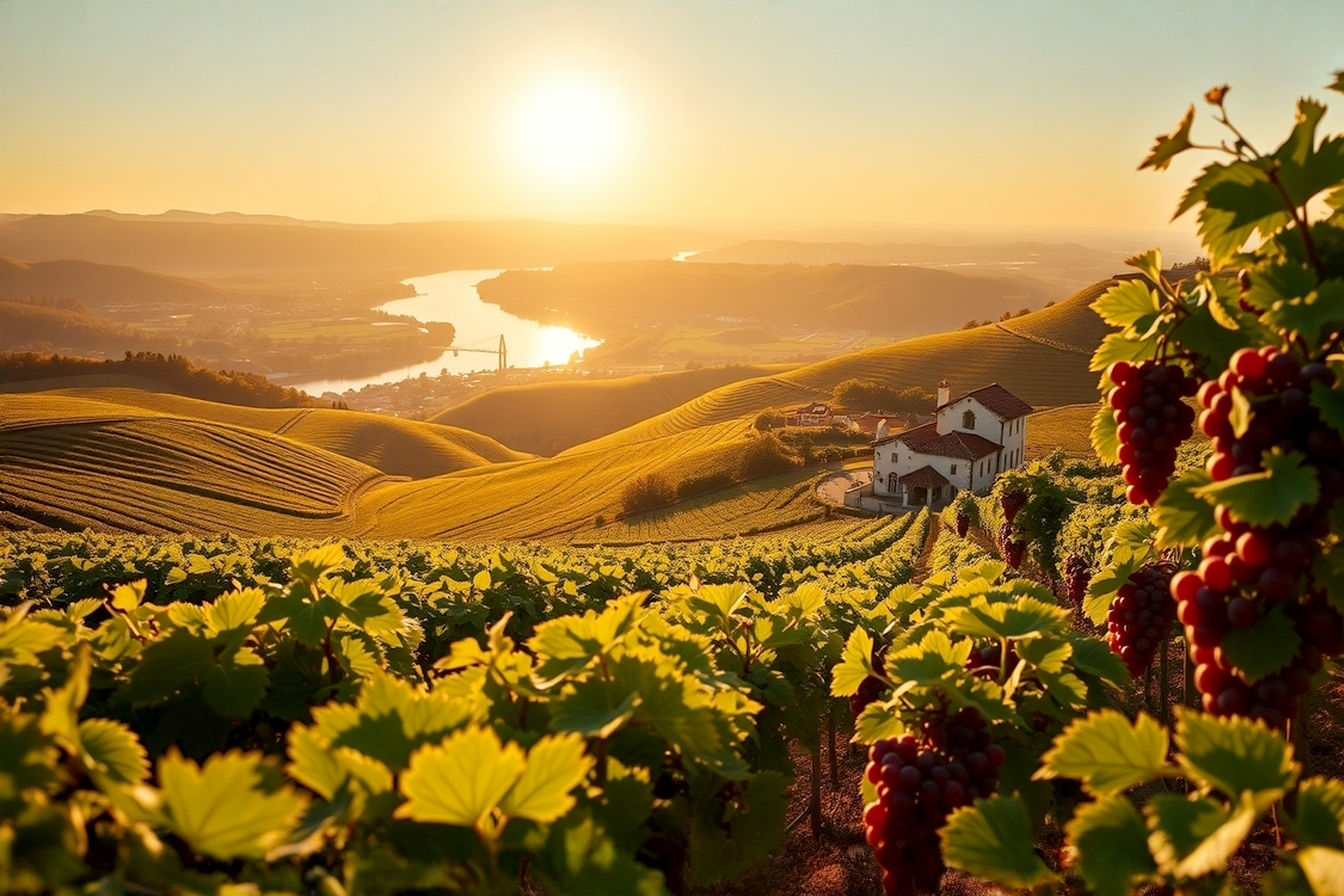 Lifelike professional photography, wide shot of sun-drenched rolling vineyards in Portugal's Tejo wine region during late afternoon golden hour. The majestic Tagus River is visible in the background, meandering through the landscape. Focus on rows of lush green vines laden with ripe red and white grapes in the foreground. Include a glimpse of a traditional Portuguese quinta (wine estate) with whitewashed walls and terracotta roof tiles nestled among the vines. The overall mood should be warm, inviting, and evoke a sense of rich tradition and bountiful harvest. Cinematic lighting, sharp focus, vibrant natural colors.