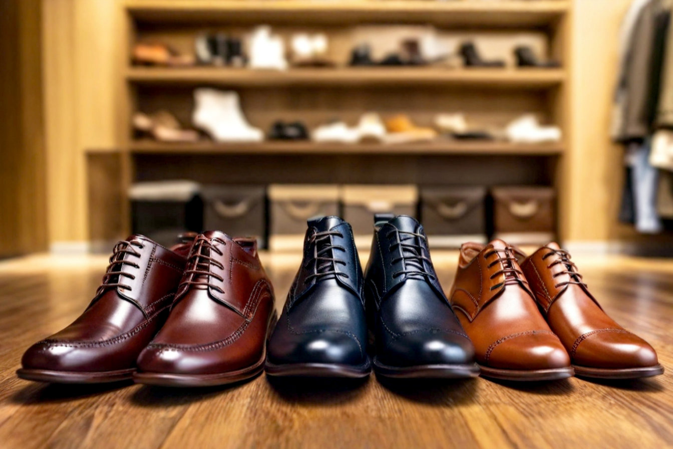 A professional, magazine-style shot of five different styles of men's smart casual boots (Chelsea, Chukka, Derby, Brogue, and a sleek Combat boot) arranged artfully on a dark-stained wooden surface. The background is a blurred-out, sophisticated men's closet with warm, ambient lighting. The focus is sharp on the texture of the leather and suede of the boots, highlighting their craftsmanship. The overall mood is luxurious, masculine, and aspirational.