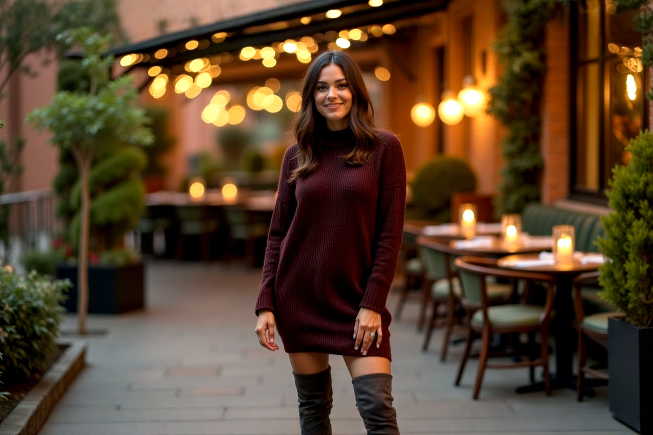 Pro photography style, high resolution, lifelike image of a confident woman with a slender figure, standing elegantly. She is wearing a chic, knee-length, long-sleeved sweater dress in a rich deep burgundy or forest green color. Her thigh-high boots are made of luxurious dark grey or deep brown suede, with a modest block heel, fitting snugly. There's a subtle, tasteful "sliver of skin" visible between the dress hem and the boot top. She has a natural, gentle smile and good posture. The background is softly blurred, hinting at an upscale urban setting like a stylish cafe interior or a sophisticated city street at dusk, with warm ambient lighting. The overall mood is sophisticated, confident, and fashion-forward.