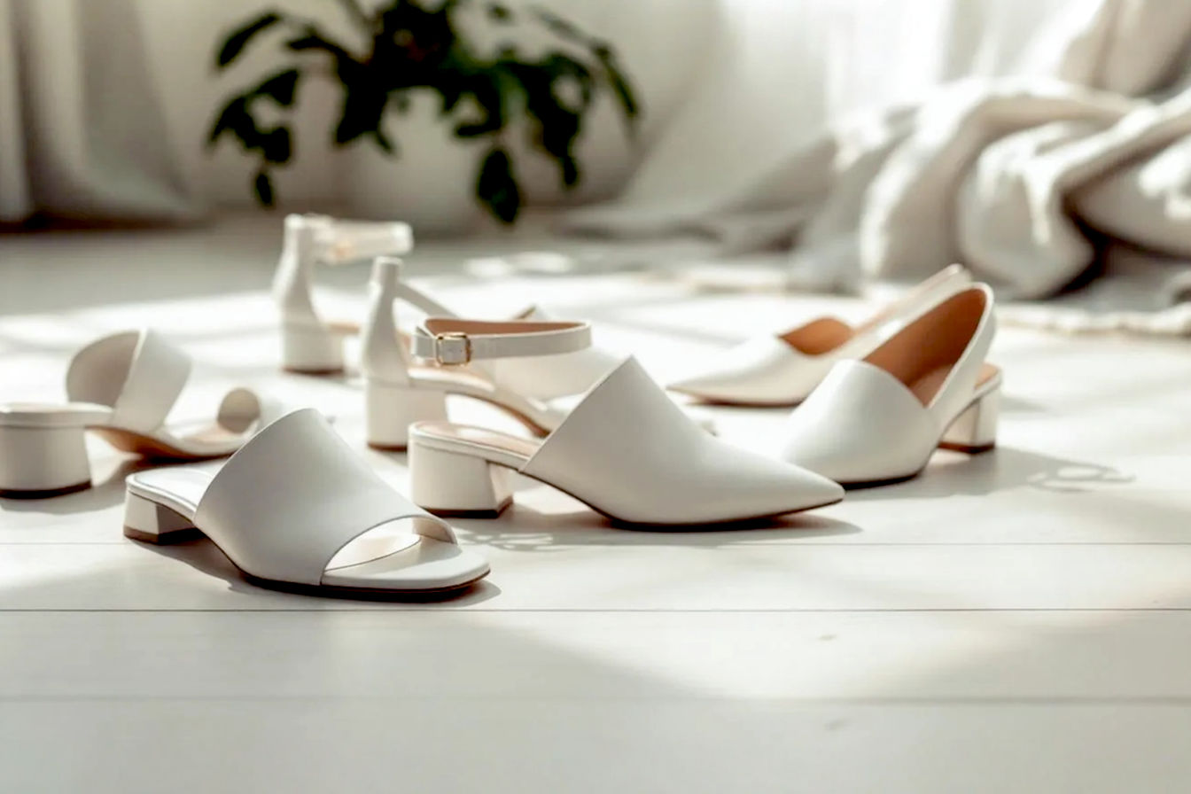A close-up, eye-level, professional studio shot of a diverse collection of pristine white low block heel shoes arranged elegantly on a minimalist, light-colored wooden floor. The shoes are of various styles (strappy sandals, closed-toe pumps, mules, slingbacks) but all share the white color and block heel feature. Some shoes have subtle textural differences (smooth leather, slightly textured fabric). The background is softly blurred with a hint of natural light, giving a clean, sophisticated, and inviting feel. The composition emphasizes comfort and style, with a shallow depth of field that highlights the shoes. Lighting is soft and even, enhancing the white color without harsh shadows. The image should evoke a sense of thoughtful choice and elegance.