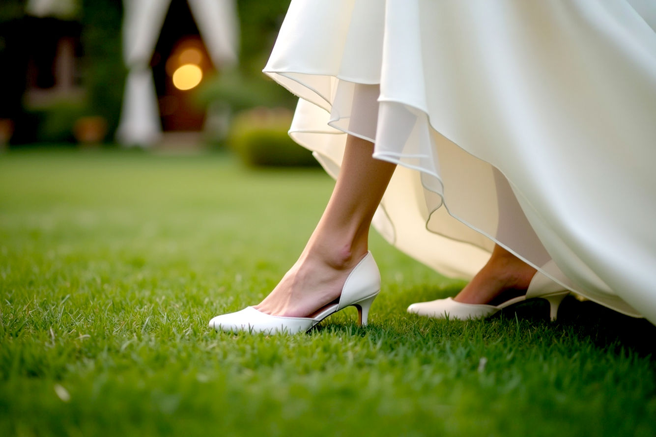 Lifelike, pro photography style image of a bride's feet, elegantly adorned in pristine white low-heel wedding shoes, standing confidently on a lush green lawn. The focus is on the shoes and lower part of a flowing white wedding dress, subtly hinting at outdoor elegance. The lighting should be soft and natural, emphasizing texture and detail, with a shallow depth of field.