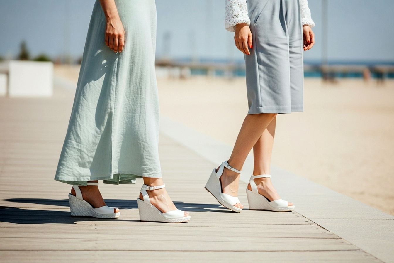 Lifelike professional fashion photography of a woman wearing elegant, pristine white wedge sandals. She is standing outdoors on a sunny summer day, perhaps on a wooden deck, a paved patio, or near a soft sandy area (but not on the beach itself to avoid sand on shoes). The setting is bright and airy, with soft natural light. Her outfit is stylish and summery, like a flowing linen maxi dress, chic wide-leg pants, or tailored shorts with a breezy top, in complementary light or pastel colors. Focus on the white wedges, showing their clean lines and the texture of the heel. The woman is posed naturally, perhaps taking a step or looking effortlessly chic, with a confident and happy expression. The image should convey comfort, elegance, and the freshness of summer. Soft focus in the background to highlight the subject. High resolution, vibrant colors, cinematic feel.