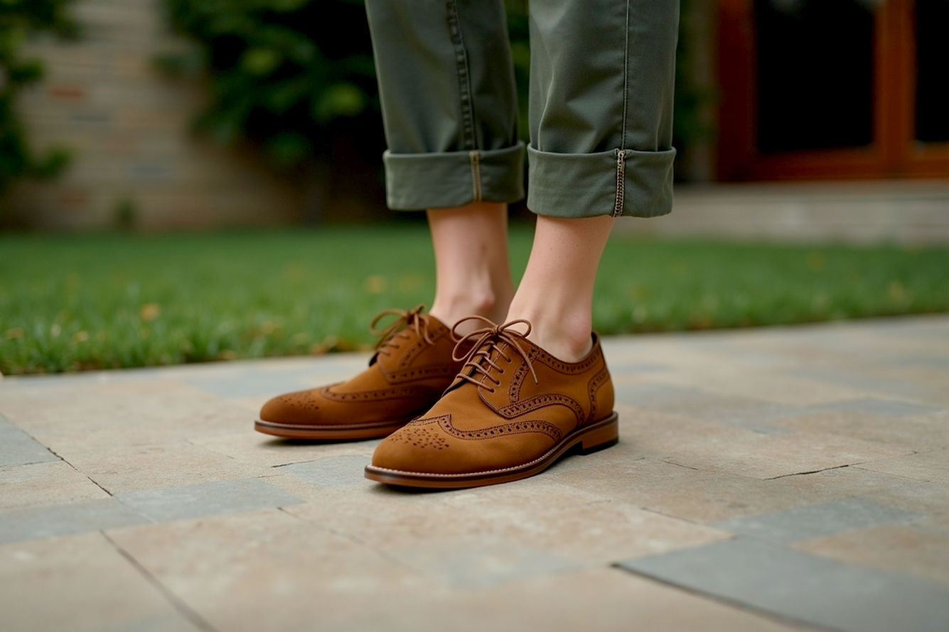 Lifelike, professional photography style, high-resolution image featuring a diverse woman in her late 20s to early 30s, gracefully showcasing a pair of stylish brown suede wingtip brogues. She is standing on a textured, neutral-toned floor, perhaps light wood or concrete, subtly suggesting a modern, elegant indoor setting. Her outfit is smart casual, perhaps tailored cropped trousers in a rich navy or olive green, and a soft knit sweater or a crisp button-down shirt, allowing the brogues to be the focal point. The lighting should be soft and natural, emphasizing the luxurious texture of the suede and the intricate broguing details. The image should convey sophistication, comfort, and timeless style, with a shallow depth of field to highlight the shoes. No visible logos. Warm, inviting color palette. Studio lighting setup.