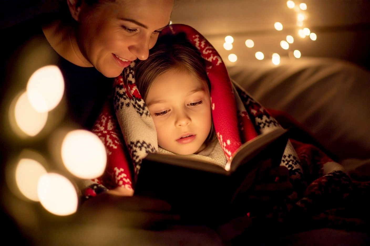 Lifelike professional photography of a cozy, warmly lit bedroom scene during Christmas. A parent (gender neutral, warm expression) is gently reading a small, open storybook to a child (around 6-8 years old) snuggled under a soft, festive blanket. The child's eyes are wide with wonder and a slight hint of drowsiness. Soft, glowing Christmas lights are visible in the blurred background, perhaps on a small tree or garland. The focus is on the intimate, tender connection between parent and child. Composition should be a medium close-up, capturing their faces and the book. Lighting is soft, warm, and inviting, suggesting late evening. The mood is peaceful, magical, and heartwarming. Pro photo, high resolution, soft focus background, bokeh, golden hour lighting.