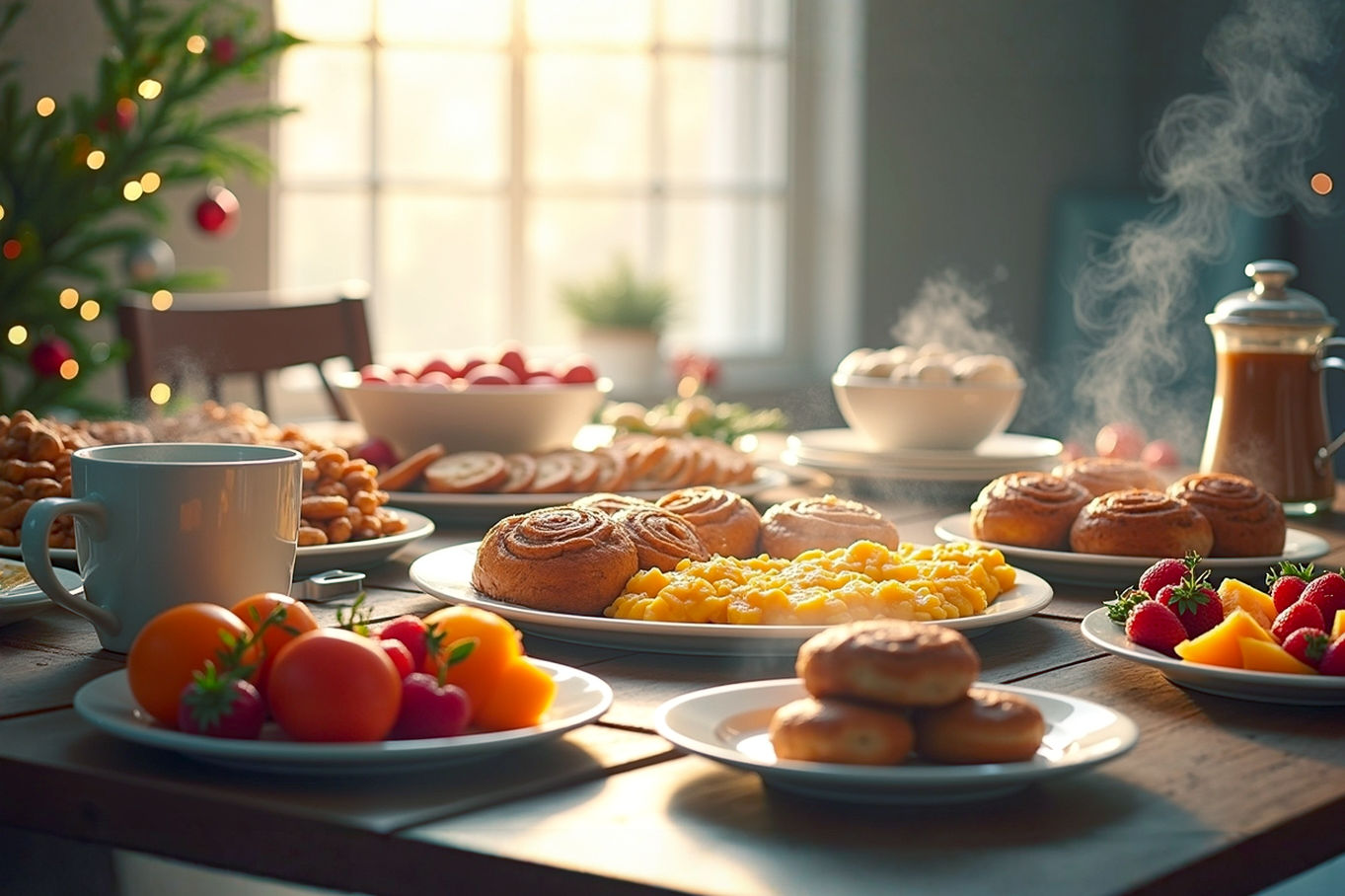 Professional, lifelike, high-resolution photograph of a beautifully arranged Christmas breakfast buffet table. The table is laden with a variety of festive dishes: golden-brown cinnamon rolls, a savory egg casserole, a vibrant fresh fruit platter, and a steaming coffee carafe. The setting is warm and inviting, with soft, natural morning light filtering in, highlighting the steam rising from hot dishes. The background features subtle, blurred Christmas decorations like twinkling lights and evergreen branches. The composition is a wide shot, capturing the abundance and festive atmosphere, with a shallow depth of field to emphasize the food. The mood is joyful, cozy, and celebratory.
