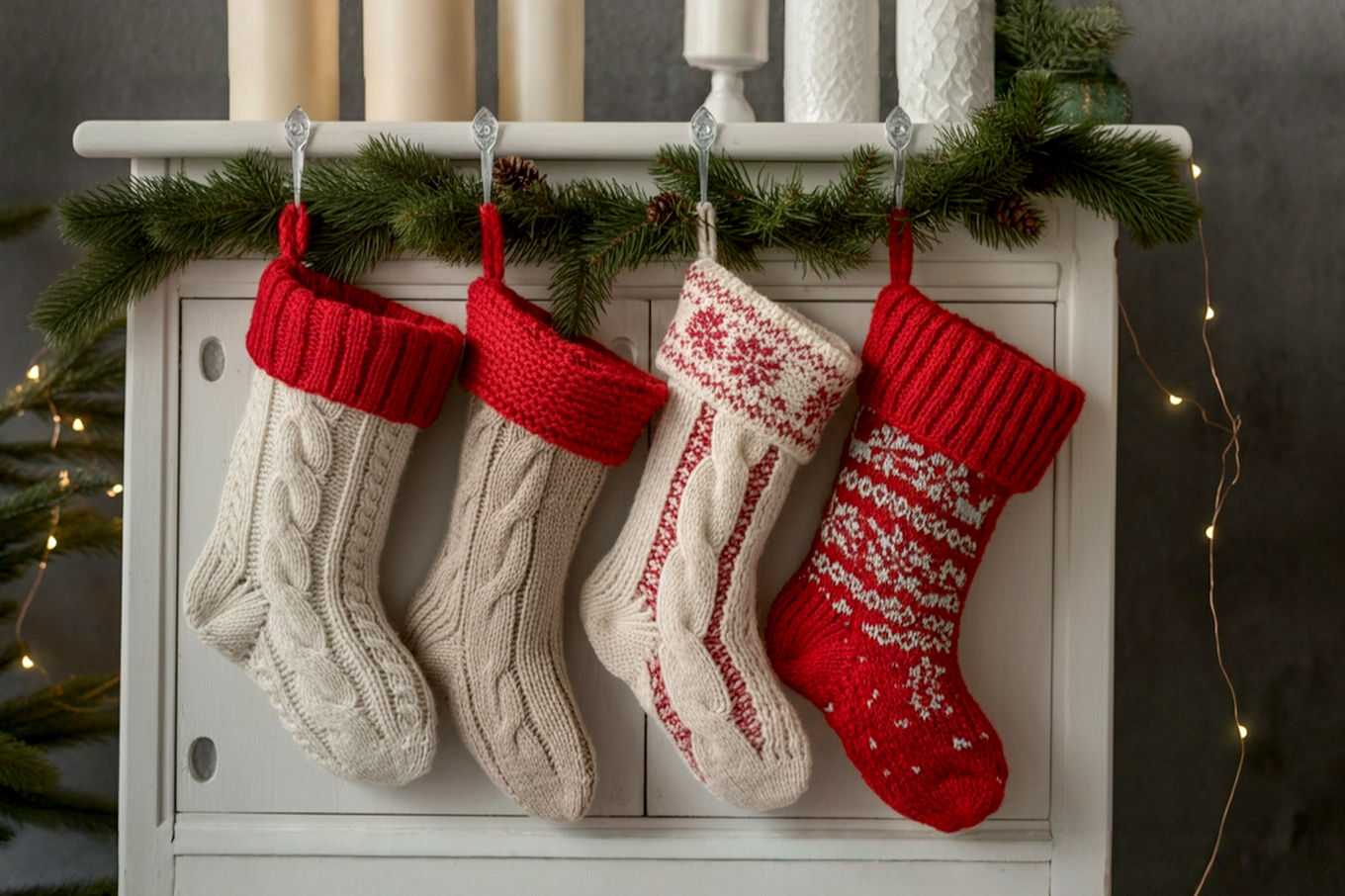 A beautifully styled living room scene, with a cozy, warm holiday atmosphere. Focus on a creative and non-traditional display of Christmas stockings. Perhaps stockings are elegantly hung from a decorative ladder adorned with fairy lights and garland, or from a series of rustic wall hooks above a console table. The image should feature soft, inviting lighting, a mix of textures (knitted stockings, wooden elements, metallic accents), and a sense of festive anticipation. High-quality, lifelike pro photography style, with a shallow depth of field to emphasize the stockings.
